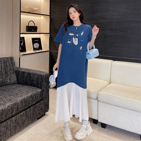 세련되고 편안한 여름 스타일을 위한 반팔 쉬폰 배색 빅사이즈 원피스