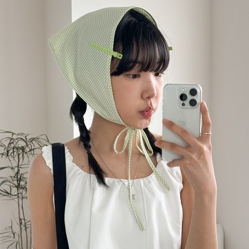 블루씨티 미니 깅엄 체크 스카프 삼각 헤어 두건