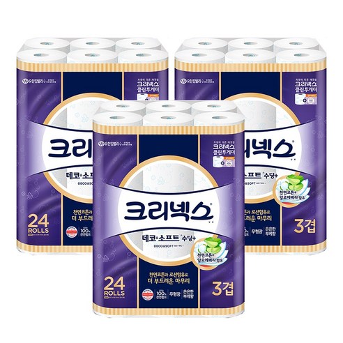 크리넥스 3겹 천연펄프 데코&소프트 수딩플러스 27M-24롤X3팩, 없음