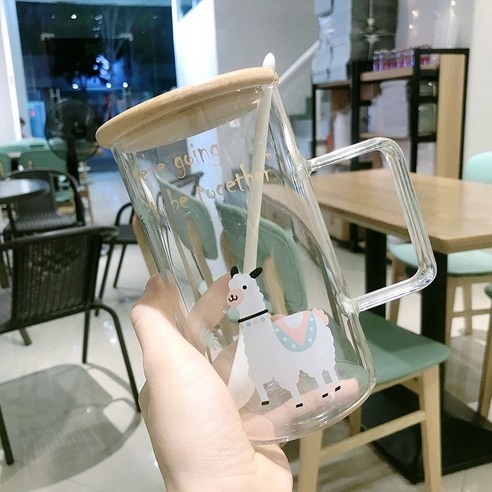 DFMEI 캐릭터 대용량 유리잔 뚜껑 스푼 남녀 아침 우유 시리얼 오피스 홈컵, DFMEI 알파카 [대나무 커버 + 스푼]