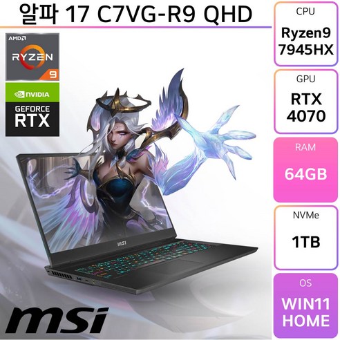 MSI 알파 17 C7VG-R9 QHD, WIN11 Home, 64GB, 1TB, 라이젠9, 블랙