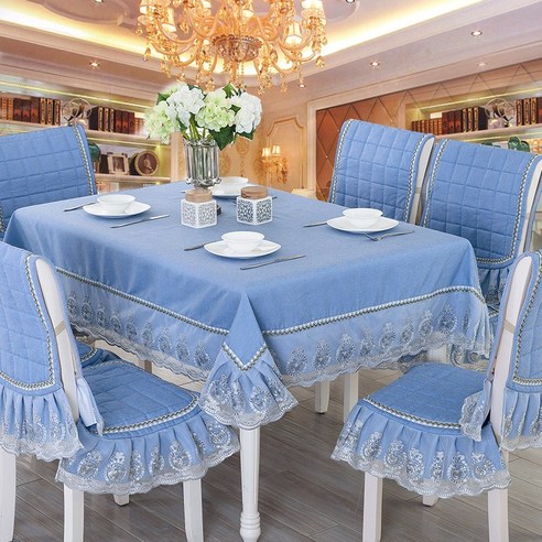 DFMEI 일반 블루 패브릭 유럽 스타일 식탁 천 커버 의자 쿠션 라운드 테이블 천으로 차 테이블 식탁보 직사각형 차 테이블 천으로, DFMEI일반블루중국스타일, 한 등받이 + 쿠션