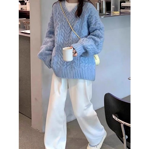 2024 가을, 여성을 위한 V넥 루즈핏 니트 스웨터 니트하임