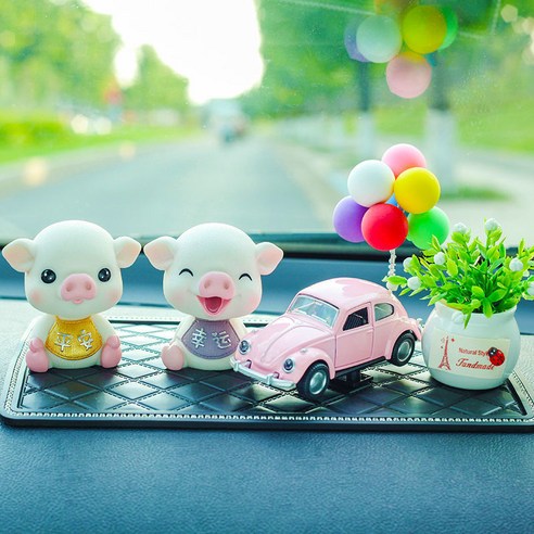 DFMEI 크리에이티브 자동차 세팅 귀여운 남녀 캐릭터 돼지 차량용 인테리어액세서리 액세서리, DFMEI 평안+럭키+파우더카+ 컬러볼 + 분재 + 드