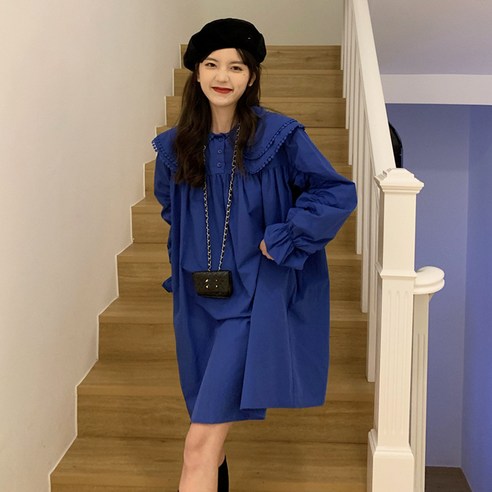 KORELAN 플리츠 드레스 여성 봄 새로운 외국 스타일의 작은 더블 레이어 레이스 옷깃 디자인 감각 인형 스커트