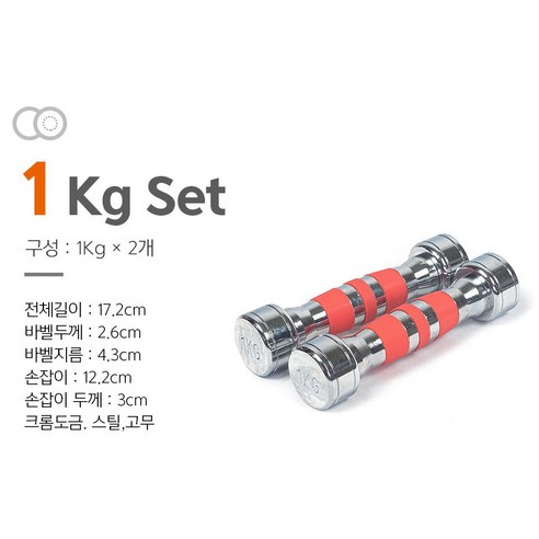 크롬 도금 아령 덤벨 세트 1+1 1kg 2kg 3kg 4kg 5kg 6kg 7kg 8kg 9kg 10kg 11kg 12kg, 1세트