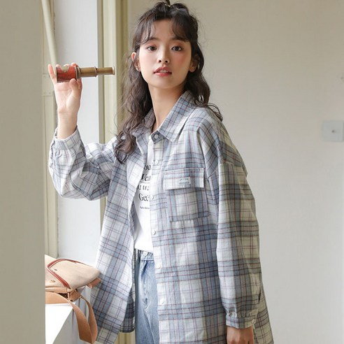 봄신상 한판 학원풍 터틀넥 캐주얼 타탄체크시크셔츠 루즈핏 긴팔셔츠녀