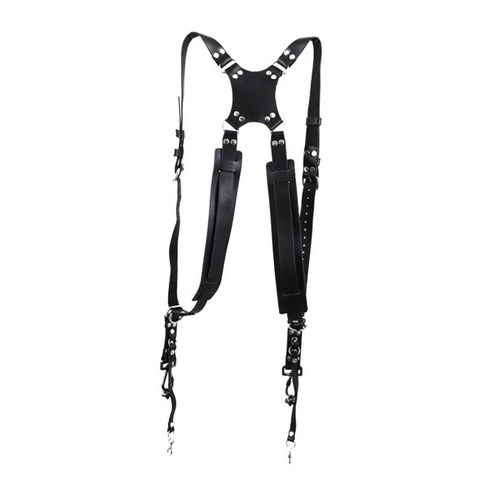두 대의 카메라를 위한 소가죽 카메라 스트랩 액세서리 DSLR/SLR 리벳 디자인 조정 가능한 듀얼 숄더 하네스, 블랙, 26 인치, 진짜 가죽