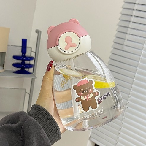 【휴대용 물병】물 컵 여자를위한 찾고 플라스틱 컵 성인과 투명한 밀짚 컵 휴대용 귀여운 대용량 물병 컵, 색깔14