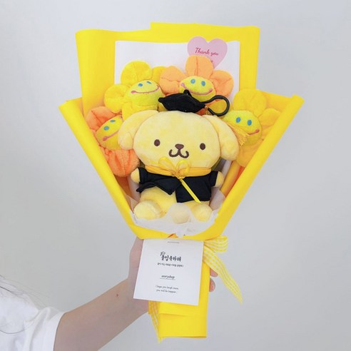 산리오 가방고리 학사모 스마일꽃 4송이 인형꽃다발 마이멜로디 쿠로미 폼폼푸린 시나모롤 키링 졸업식꽃다발, 폼폼푸린학사모, 1개