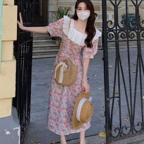 복고풍 레이스 빅카라 잔꽃무늬 원피스