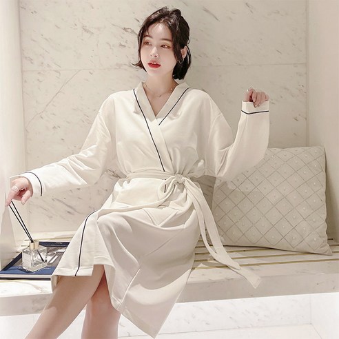 DFMEI-Y 봄 가을 겨울 커플 여성 잠옷 중간 길이 반팔 무지 코튼 가운 긴 남성 잠옷 플러스 사이즈 호텔 스타일, M, DFMEI 화이트 여성 8515 # 긴 소매