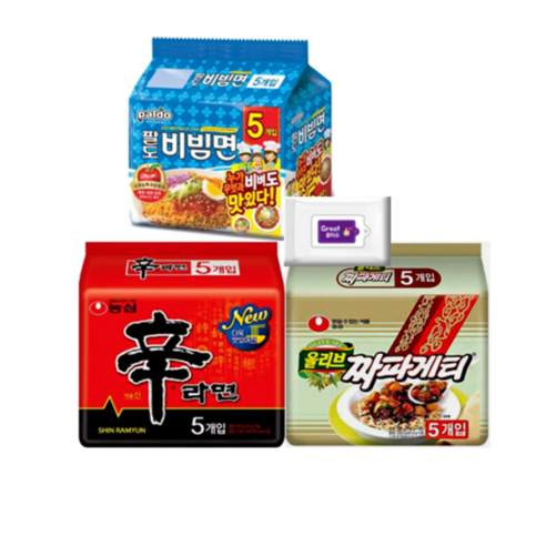 짜파게티(5입)+팔도비빔면(5입)+신라면(5입)+그레잇물티슈(10매), 1세트