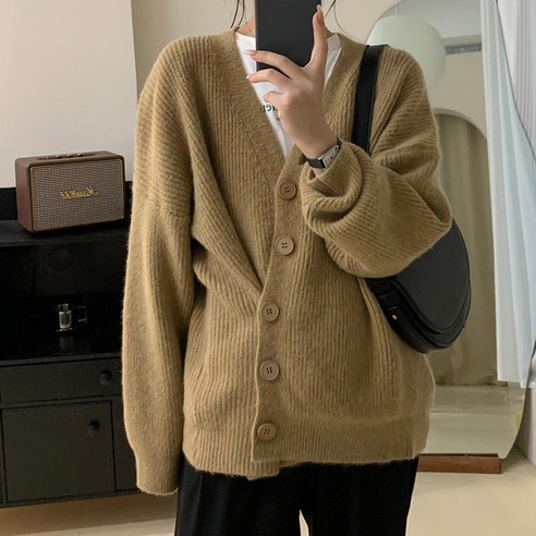 ANYOU 여성 루즈핏 브이넥 단추 니트 카디건 데일리 오버핏 패션 니트 스웨터