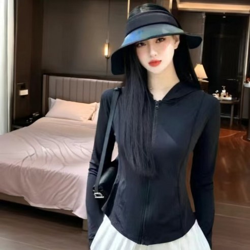 COSYEVNO 여름 여성용 자외선 차단 의류 슬림핏 아이스 실크 통기성, 블랙