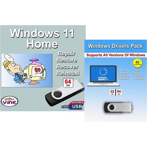 9th Vine 호환 Windows 11 Home 3264비트 USB 키 포함. 드라이버 USB를 설치 업그레이드 합니다. 2팩