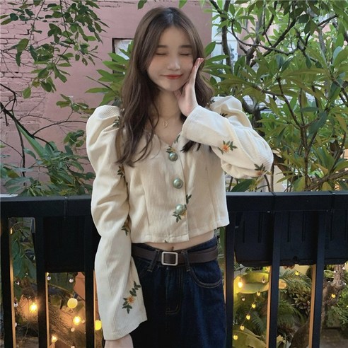 프렌치 빈티지 코듀로이 퍼프소매 블라우스 여 추동 이너 쇼트 크루넥 상의 봄 디자인 소품