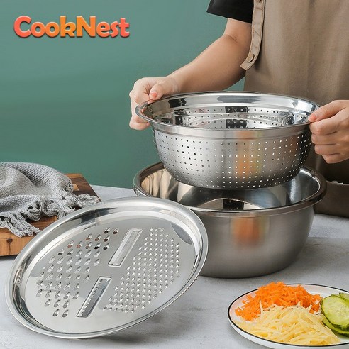 CookNest 스텐 만능 채칼 세트 믹싱볼, 1개, 믹싱볼+채반+채칼