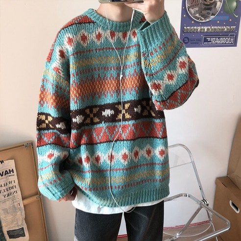 smy일본 레트로 민족 스타일 스웨터 남자 디자인 감각 틈새 게으른 고급 감각 가을과 겨울 내부 라운드 넥 스웨터