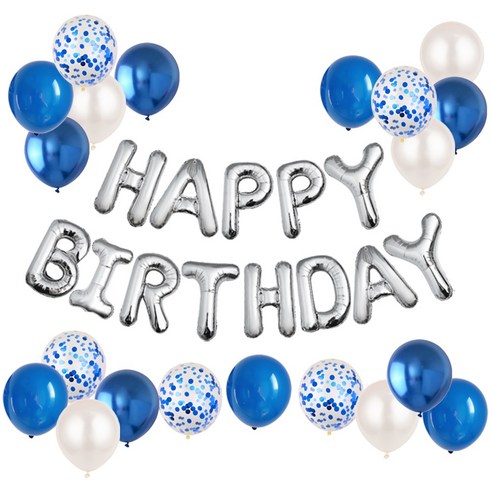 HBD 은박풍선 크롬메탈 혼합풍선세트 파티커튼 생일파티세트 [에브리띵스마일] 1221, 1세트, 실버 블루 풍선
