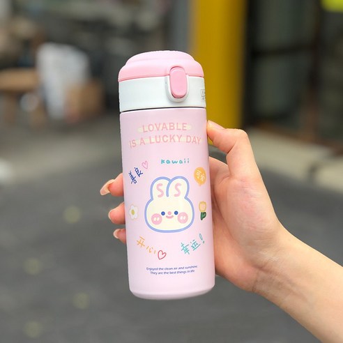 [LM] 380ml 귀여운 곰 보온병 스테인레스 스틸 보온 만화 스포츠 차 보온병 빨대, Pink