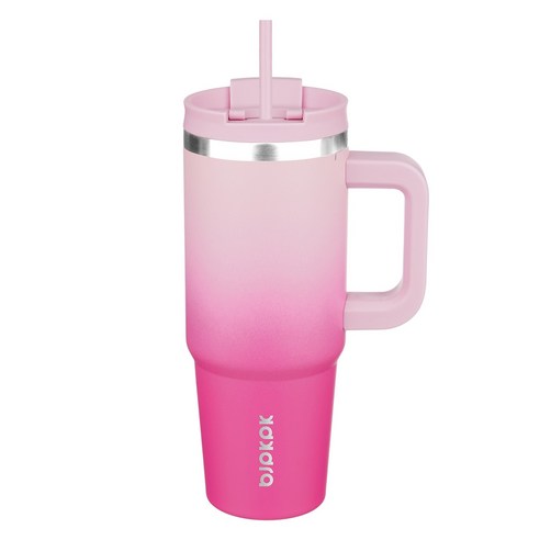 bjpkpk 스테인리스 스틸 핸들 보온컵 빨대 포함, 그라데이션 체리 블라썸, 1개, 900ml