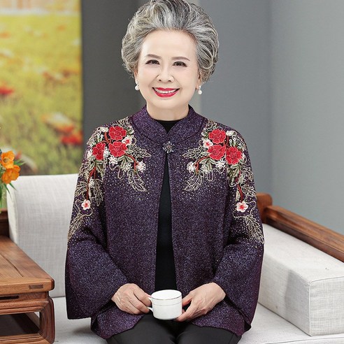 중국 스타일 수 놓은 니트 카디건 할머니 짧은 망토 코트 목도리 밝은 실크 외부 일치 봄과 가을