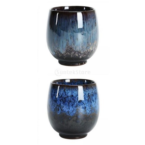 2Pcs 세라믹 찻잔 도자기 찻잔 쿵푸 컵 음료 용기 선물 160ml, 라이트 블루 + 블루, 7.5x7.5cm