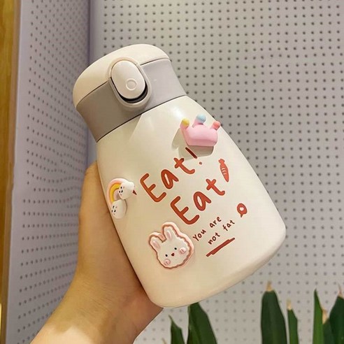 [LM] 600ml 곰 스티커 물병 스테인리스 보온병 짚 진공 절연 휴대용 Leakproof 텀블러 컵 선물, {"크기":"600ml"}, F with sticker