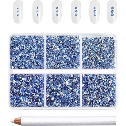 Beadsland(비즈랜드) 네일 아트 공예용 7200PCS 플랫백 라인석 세트 왁스 펜슬 1개 혼합된 6가지 크기 SS3-SS10, 7200개, 라이트사파이어