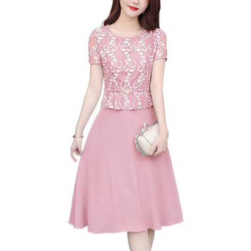 셀럽당 원피스 여름 반팔 40세 중년 레이스 원피스 미디 스커트