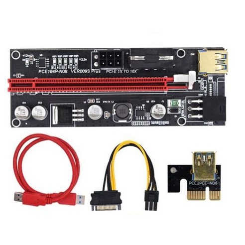 Retemporel 1 세트 PCI-E 라이저 VER009S 플러스 GPU PCIE 카드 PCI E X16-X1PCI 익스프레스 어댑터 6Pin-SATA USB3.0(LED 조명 포함), 1개, PCI-E 1X ~ 16X 라이저 카드