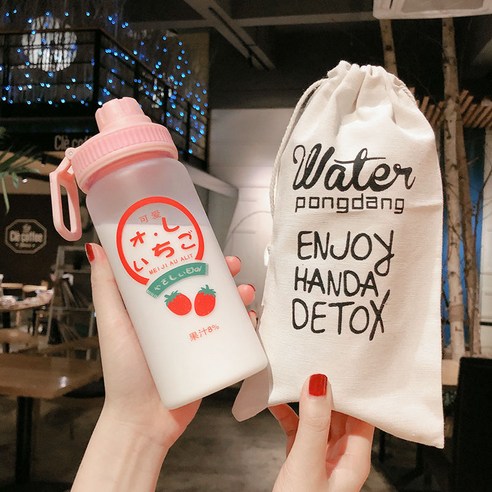 [LM] 500ml 플라스틱 물병 투명/반투명 병 귀여운 물병 카톤 딸기 물병 전화 스탠드 휴대용, 18_500ml