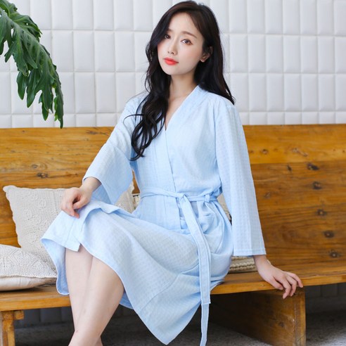 DFMEI-Y 목욕 가운 여성 긴 호텔 타올 흡수성 빠른 건조 커플 다섯 스타 목욕 가운 잠옷 남자 홈 착용, DFMEI 일곱 sleeve 와플 하늘색, L130-150 진