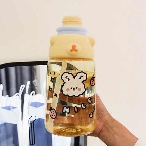 【휴대용 물병】만화 귀엽다 대용량 플라스틱 빨대 컵 고안치 성인 운동 헬스 물컵 휴대용 핸드컵, 색깔2_컵