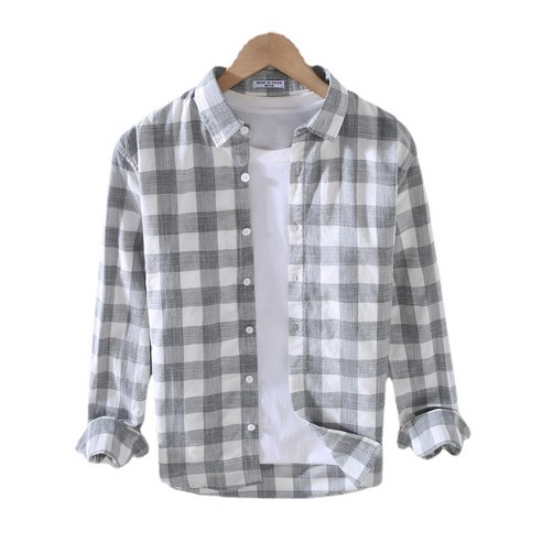 ANKRIC 봄과 여름 일본 신선한 격자 무늬 긴팔 셔츠 남성 캐주얼 루즈 스퀘어 칼라 패션 남성 셔츠 913 셔츠