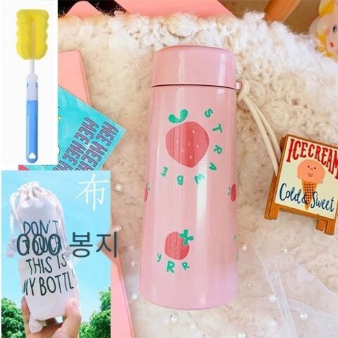 일본 하라주쿠 꽃 보온병 컵 여성 학생 한국 스타일 우아한 스타일 스테인레스 스틸 컵 귀여운 신선한 컵, 딸기보온병330ml(차필터), 컵 + 컵 브러쉬 + 가방