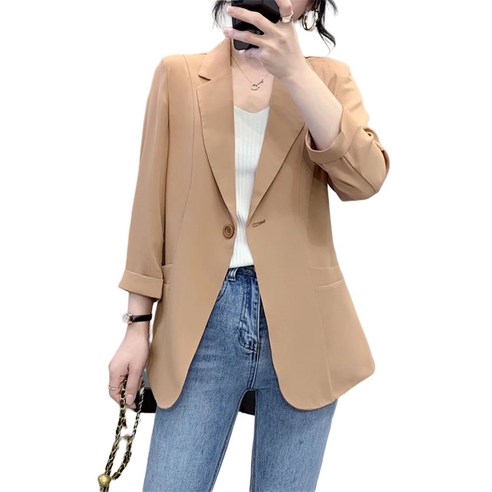 ROYALBELLE 여성 얇은 블레이저 7부소매 정장 자켓 고급 쉬폰 쇼트핏 원 버튼 자켓 외투 V22812