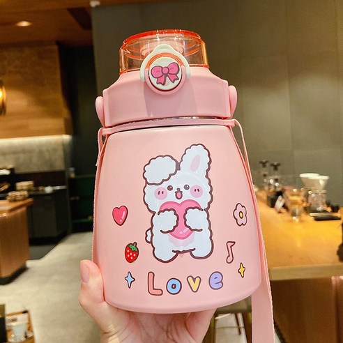 DFMEI 배불뚝이 텀블러 여요미 물컵 대용량 고안치 스테인리스컵 빨대망 레드 주전자, 핑크색 + 무작위 스티커, 1000ml