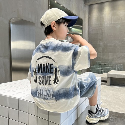 비비키드 주니어 상의 하의 세트 남아 헤드셋 그림 포인트 데님 반바지 여름 세트 초중생 반팔티 초등생 상하세트 (2501)