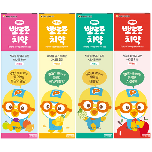 뽀로로 뉴 어린이 치약 혼합과일향 + 파인애플향 + 메론향 + 사과향 세트, 1세트