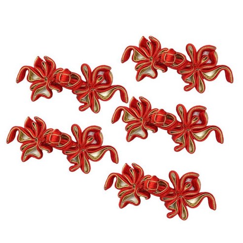 5 쌍 중국어 번체 매듭 개구리 버튼 클로저 바느질 의상 장식, 레드 골드, 새틴