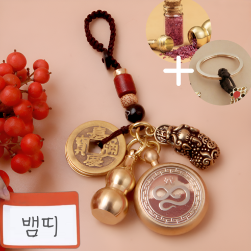 InLoop 12간지 수호신 황동 키링 재물운 금전운 액막이 운수대통 호리병 엽전 비휴 열쇠 고리 경면주사 포함, 1개, 뱀띠