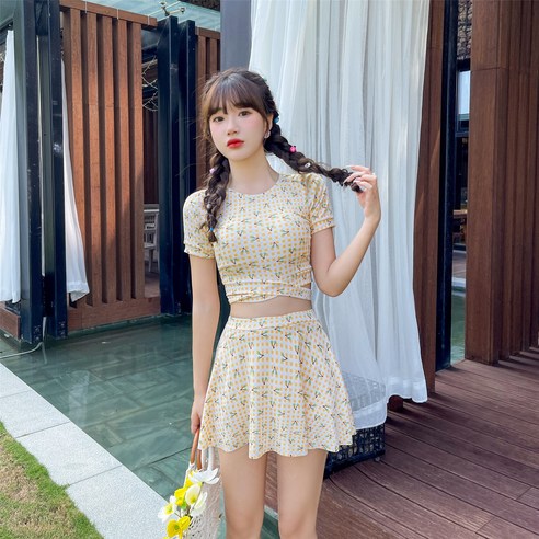 DFMEI 투피스 수영복 보수적 인 작은 꽃 신선한 달콤한 한국 작은 높은 허리, DFMEI 옐로우