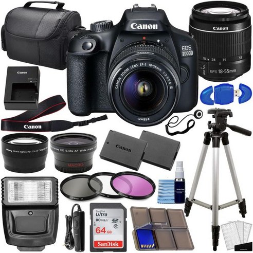 Canon 캐논 EOS 2000D 반격 T7 DSLR 18-55mm 렌즈 3렌즈 키트 포함 64GB 메모리 카드 여분의 배터리 3PC 필터 키트 삼각대 케이스 + 완전한, 1개