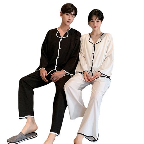 ANKRIC 커플 잠옷 검은 격자 무늬 봄과 가을 캐주얼 커플 잠옷 스트레치 새틴 월면 여성의 긴 소매 바지 만화 실크 홈