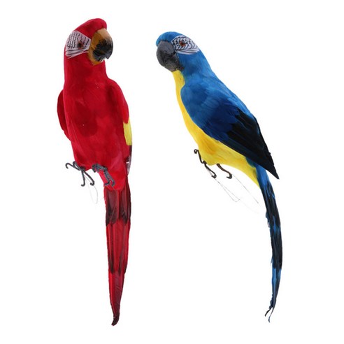 2 조각 가짜 깃털 인공 앵무새 잉꼬 모조 안뜰 파티오 데코, 60x 12x 12cm, 설명, 블루