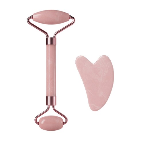 케어 얼굴 바디 괄사 쿼츠 마사지기+롤러 세트, 로즈 쿼츠