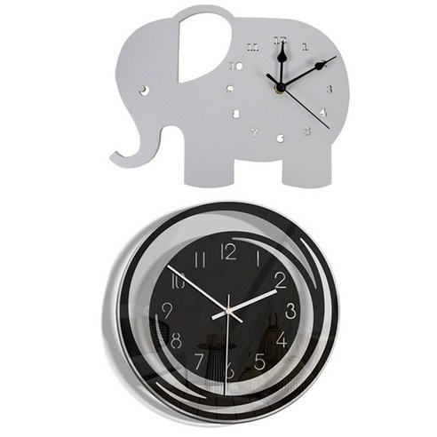 Deoxygene 2 pcs 벽시계: 1 미니멀리스트 북유럽 스타일 시계 & 코끼리 모양의 나무 바늘 벽시계, 검정, 흰색