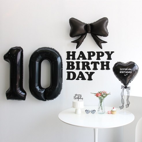 이벤트홀릭 블랙 풍선 생일파티용품세트 (자유레터링) 리본 숫자 풍선 가랜드, 1개, 10